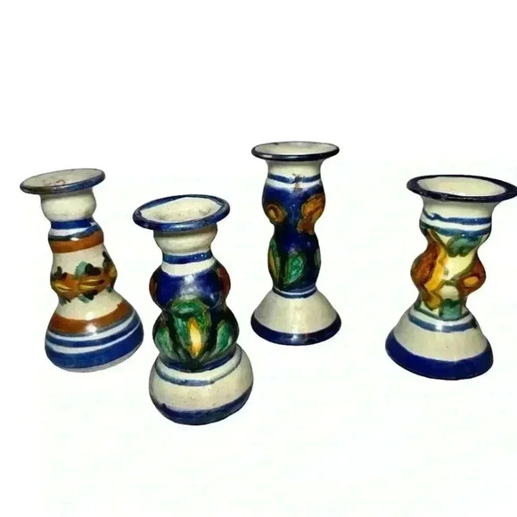 Hand-Painted E. Ortiz Mexican Pottery Candle Holders Mismatched Set Of 4 - Picture 1 of 12